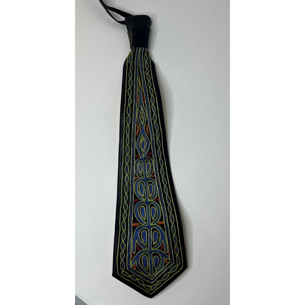 Mens Vntage Embroidered Leather Neck Tie Pakistan‎ Tinara Imports Black Multi OS